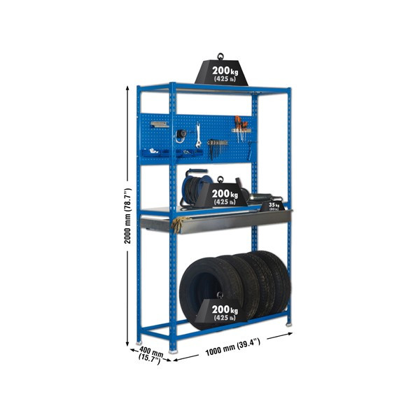 Etagère 3 niveaux + tiroir gris foncé 600kg - L 1000 x H 2000 x P 400 mm - Kit SIMONRACING BOX PLUS 3/400 SIMON RACK
