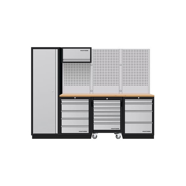 Mobilier d'atelier 4 éléments + panneaux perforés + meuble haut combi-standard MOBILIO - KRAFTWERK 3964K-H5R4-K1W